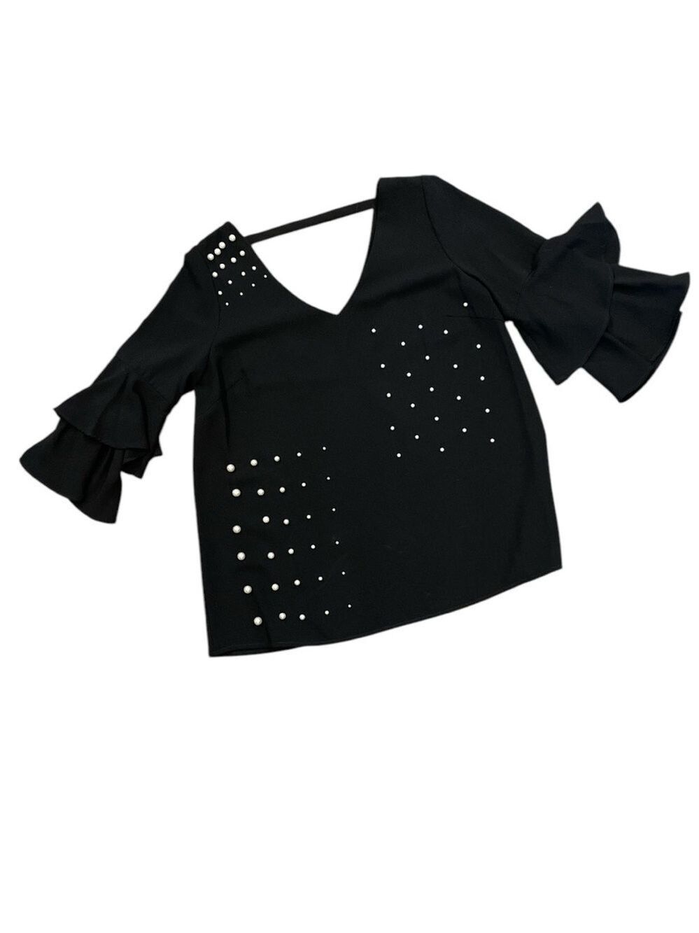ALBERTO MAKALI L black 3/4 tiered sleeves pearl embellishment back strap